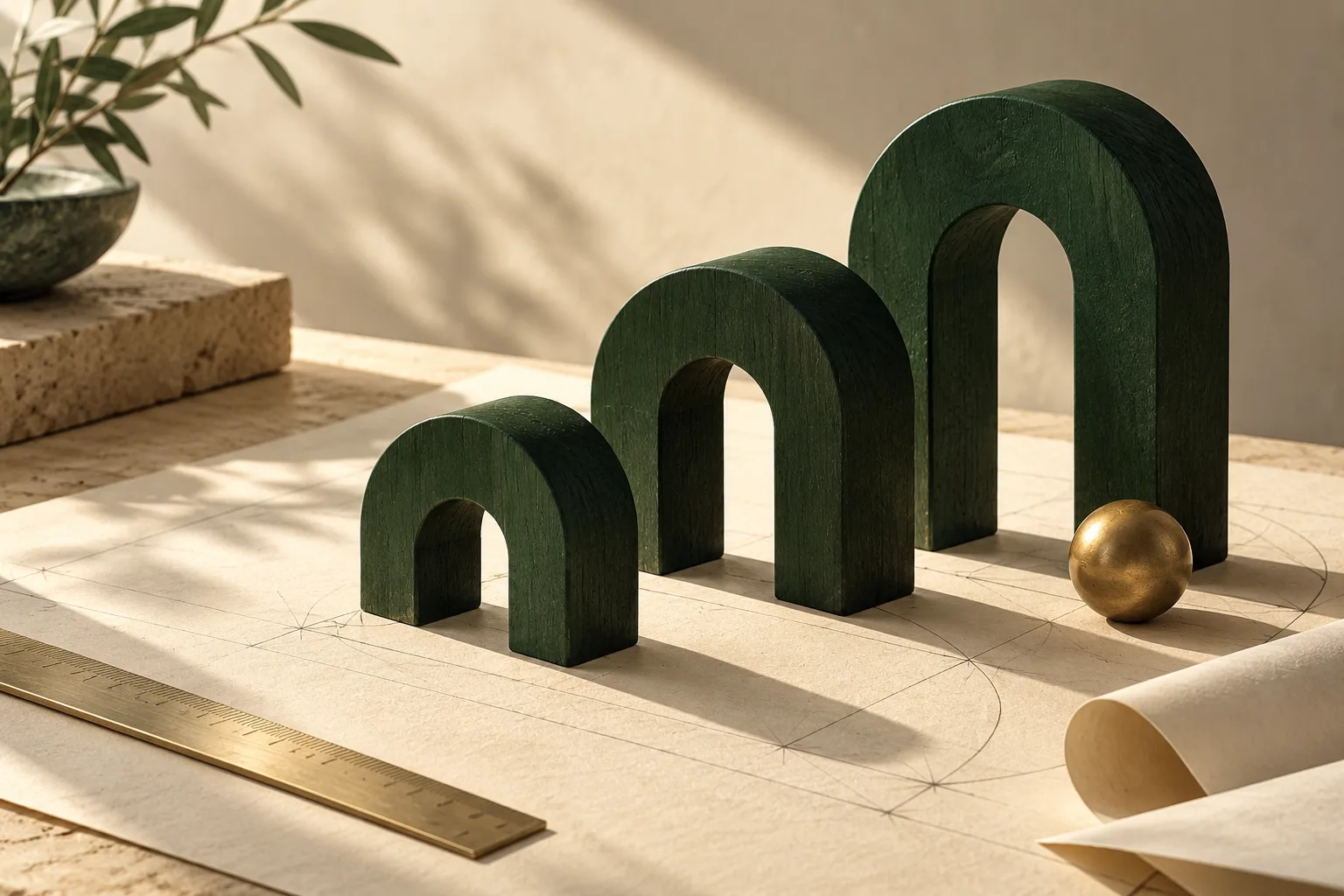 Forest green architectural arches on an ivory drafting table